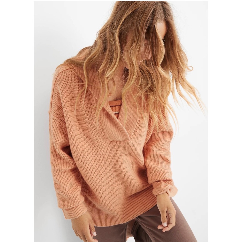 Aerie CozyUp Waffle Knit Sweater Hoodie Peach Slouchy Oversized L